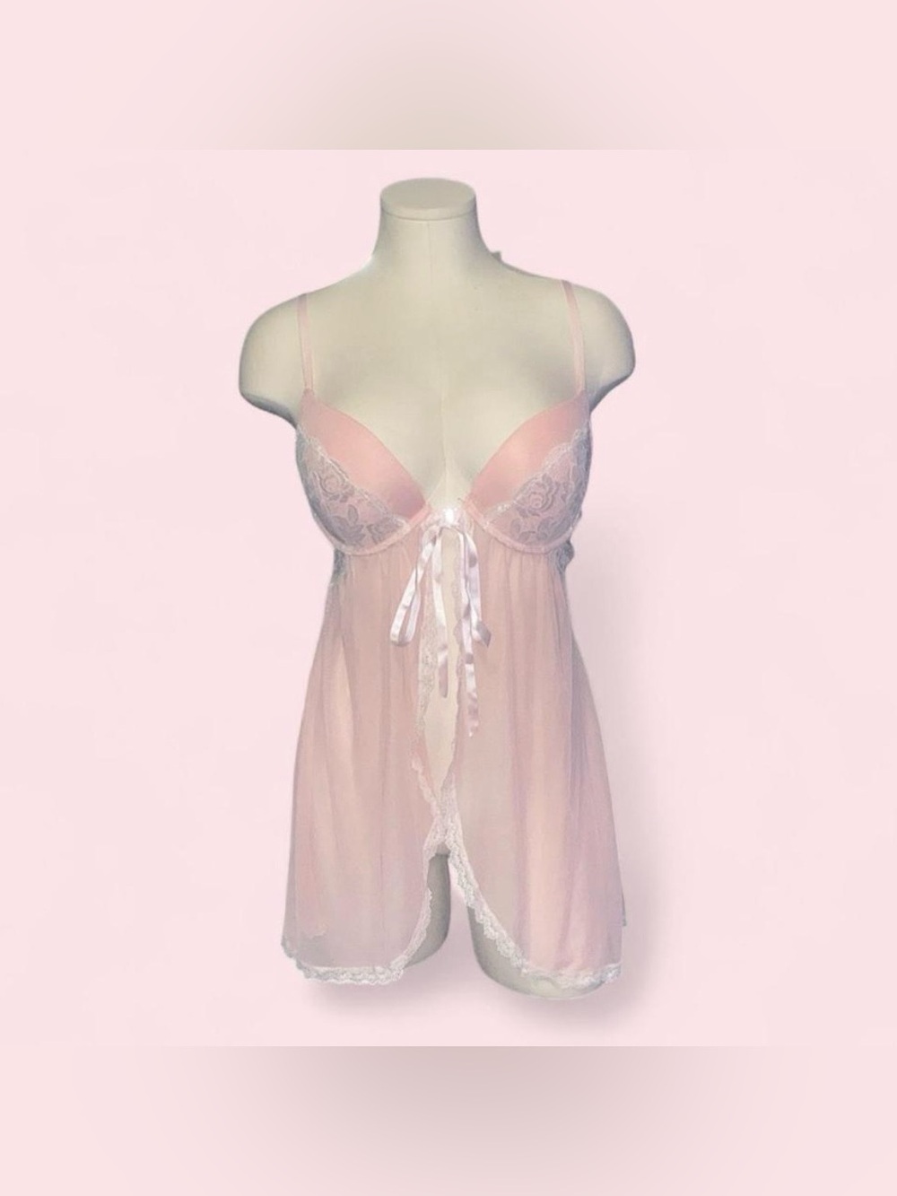 Source Unknown Pale Pink Sheer Lace-Trim Babydoll Chemise with Ribbon Tie